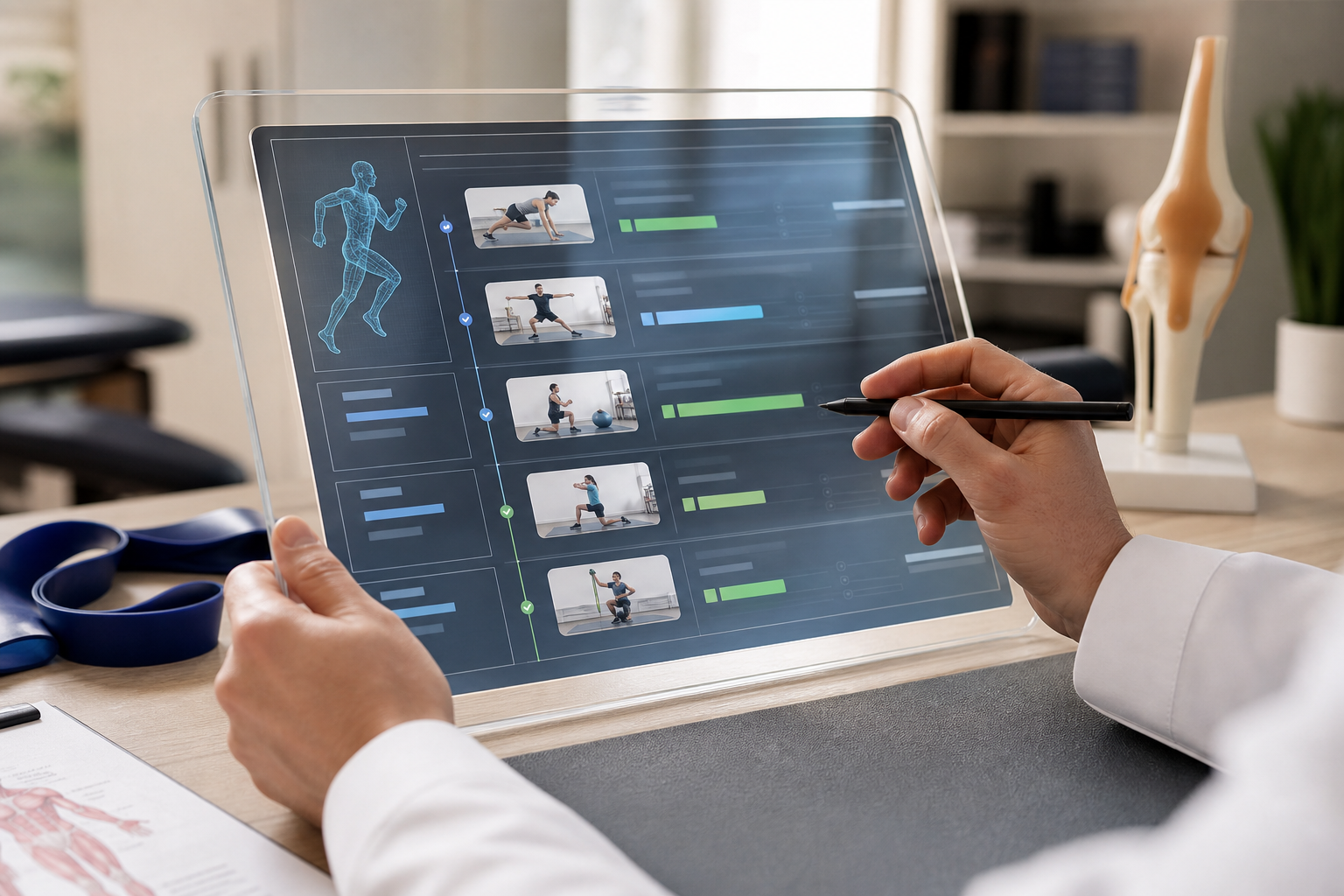 Clinician reviewing and annotating an AI-generated rehabilitation training plan on a tablet