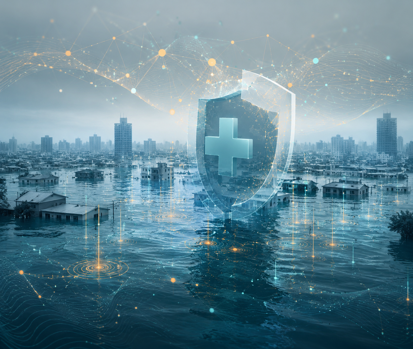 Flooded urban landscape with medical AI data streams forming an incomplete protective shield