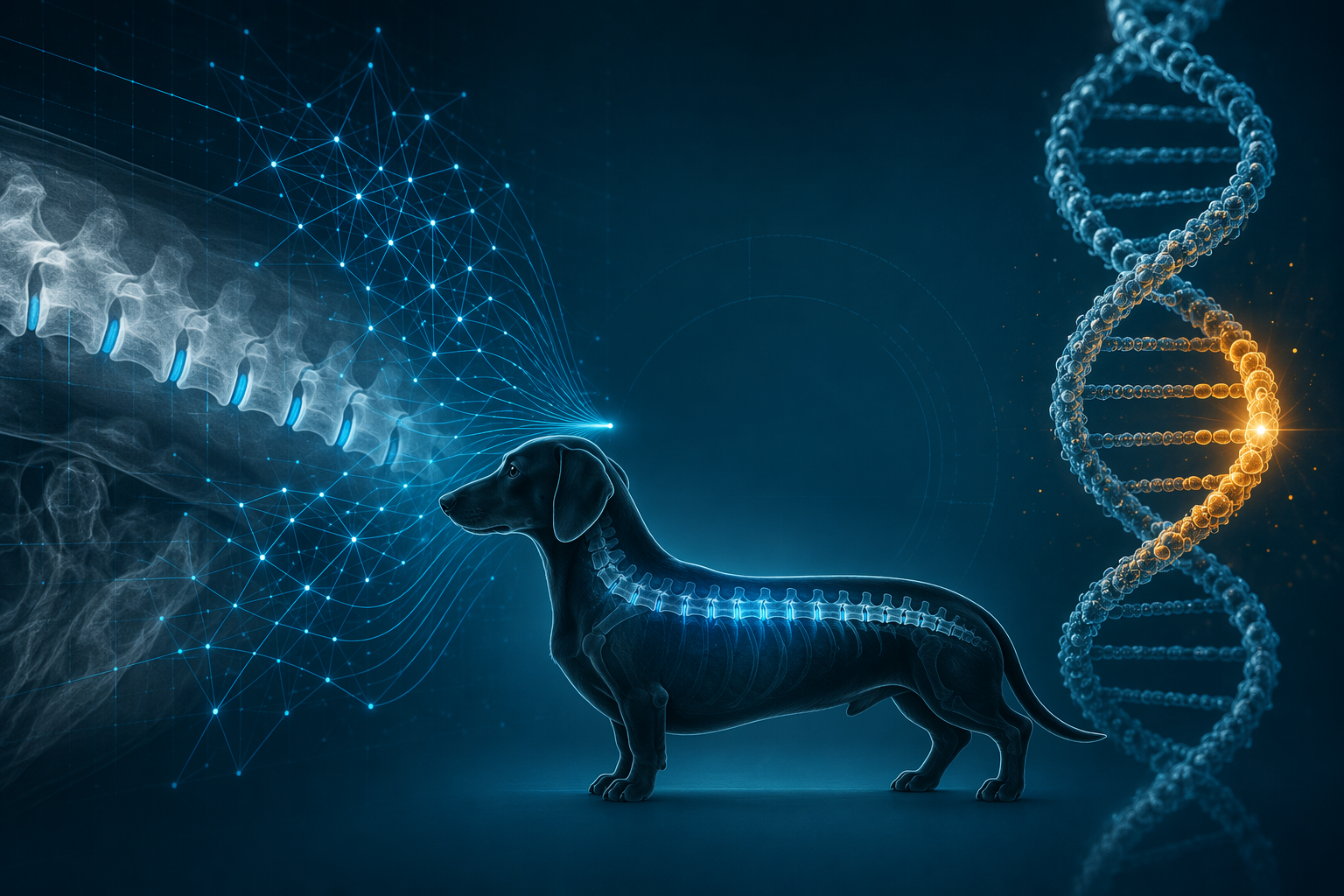 Canine spinal X-ray with AI analysis overlay beside an FGF4 DNA marker and a chondrodystrophic dog silhouette
