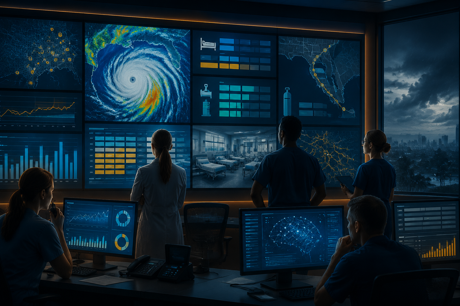 Hospital emergency operations center with weather and capacity screens