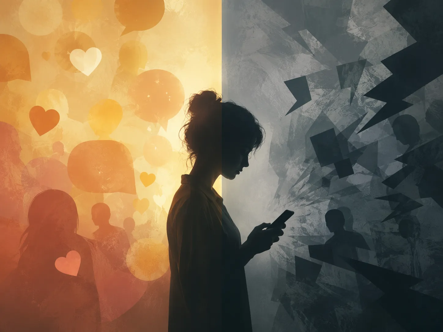 A person holding a phone is caught between warm abstract shapes suggesting support and cool harsh shapes suggesting criticism.