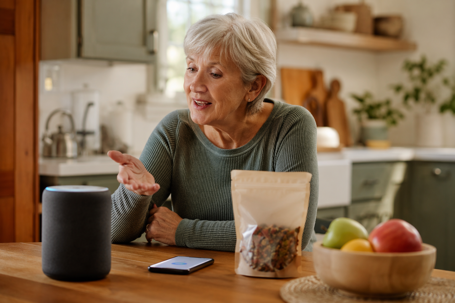 An older adult speaks to a smart speaker at a kitchen table with packaged food and a smartphone nearby