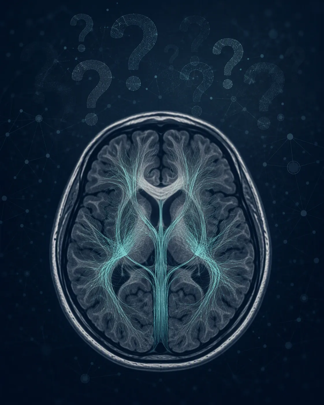 Diffusion MRI brain slice with fiber-tracking pathways and question marks representing diagnostic uncertainty
