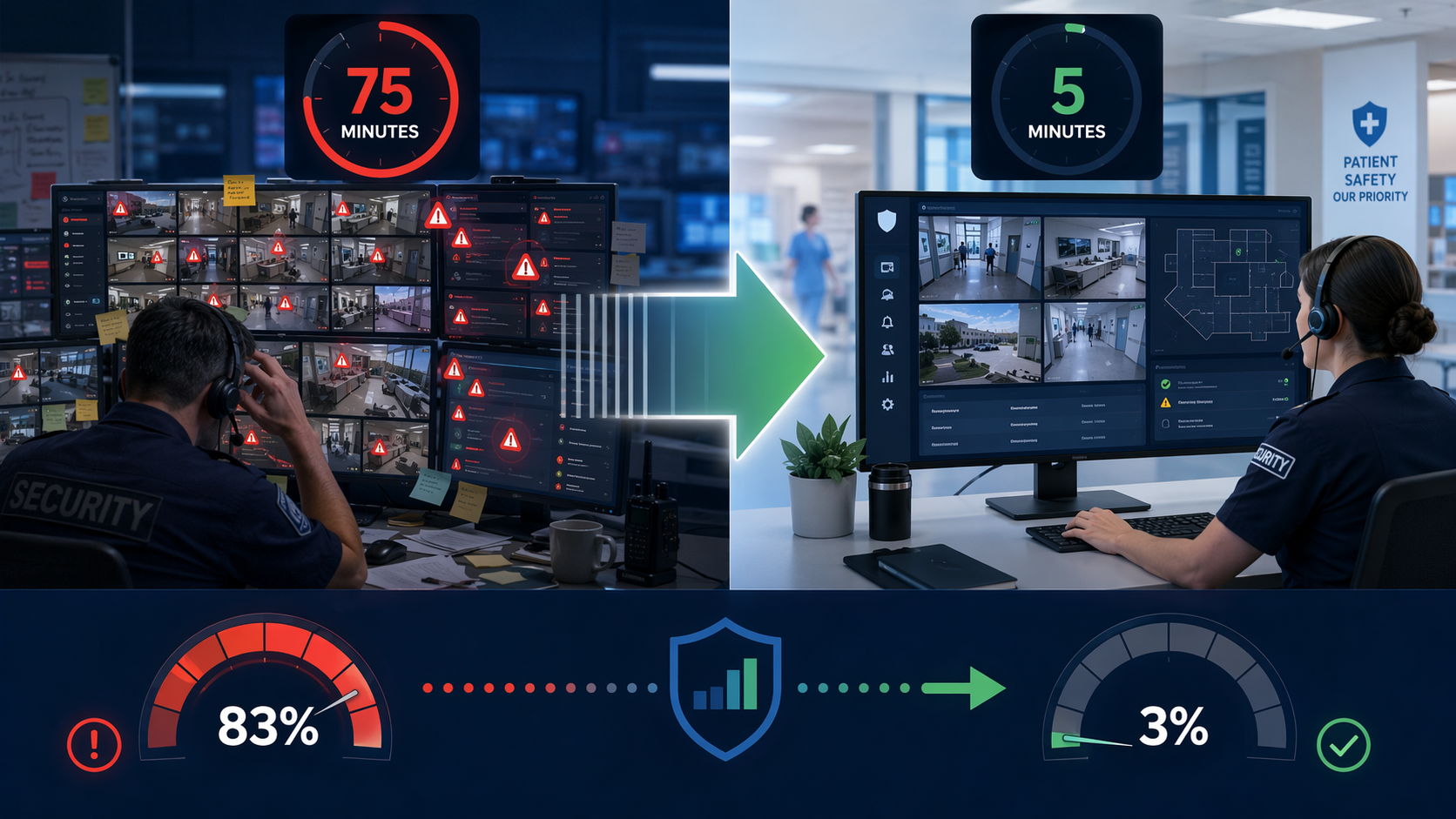 Before-and-after dashboard showing false positives reduced from 83 percent to 3 percent and investigation time from 75 minutes to 5 minutes