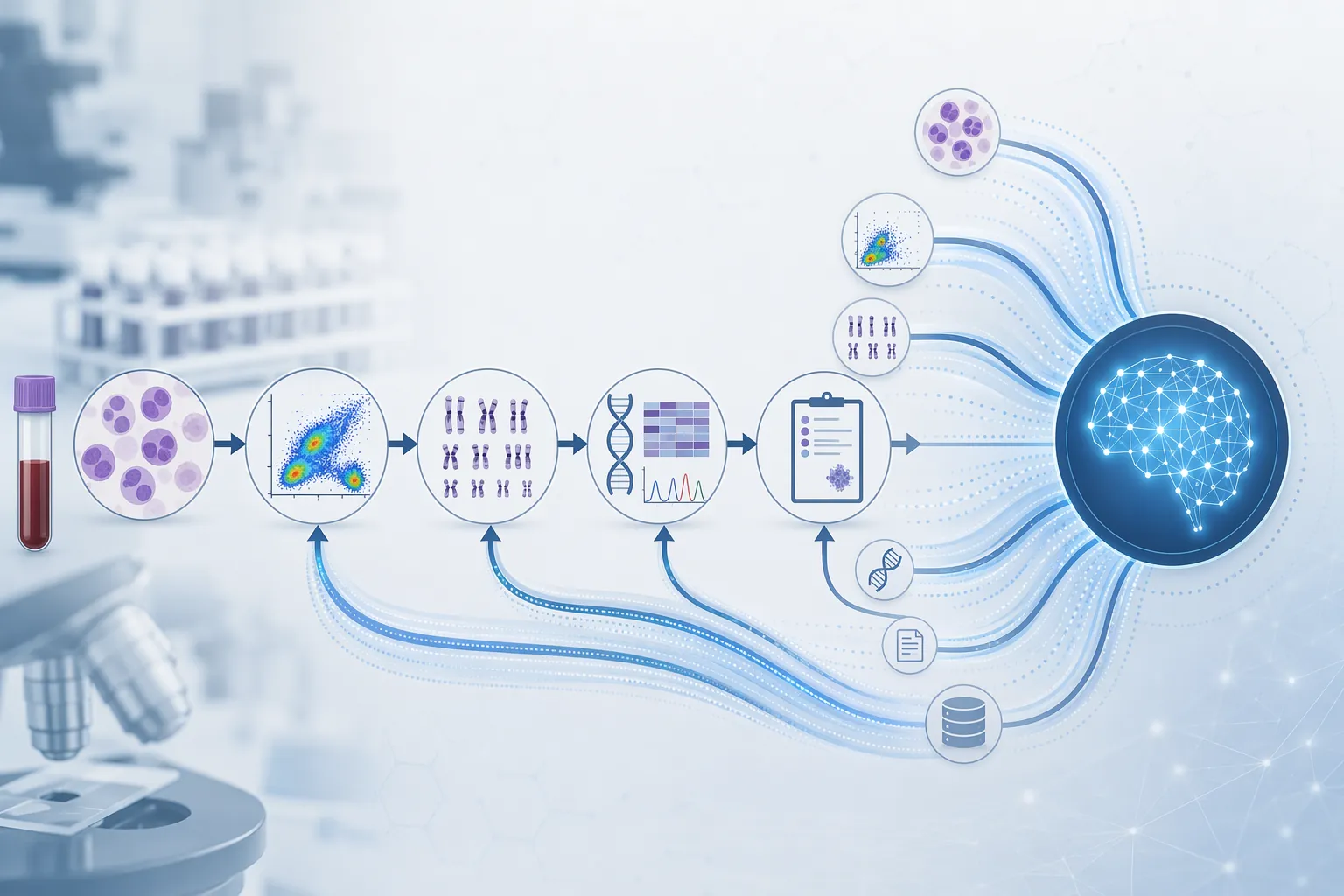 Standard leukemia diagnostic pathway with an AI analysis node integrated as an accelerator