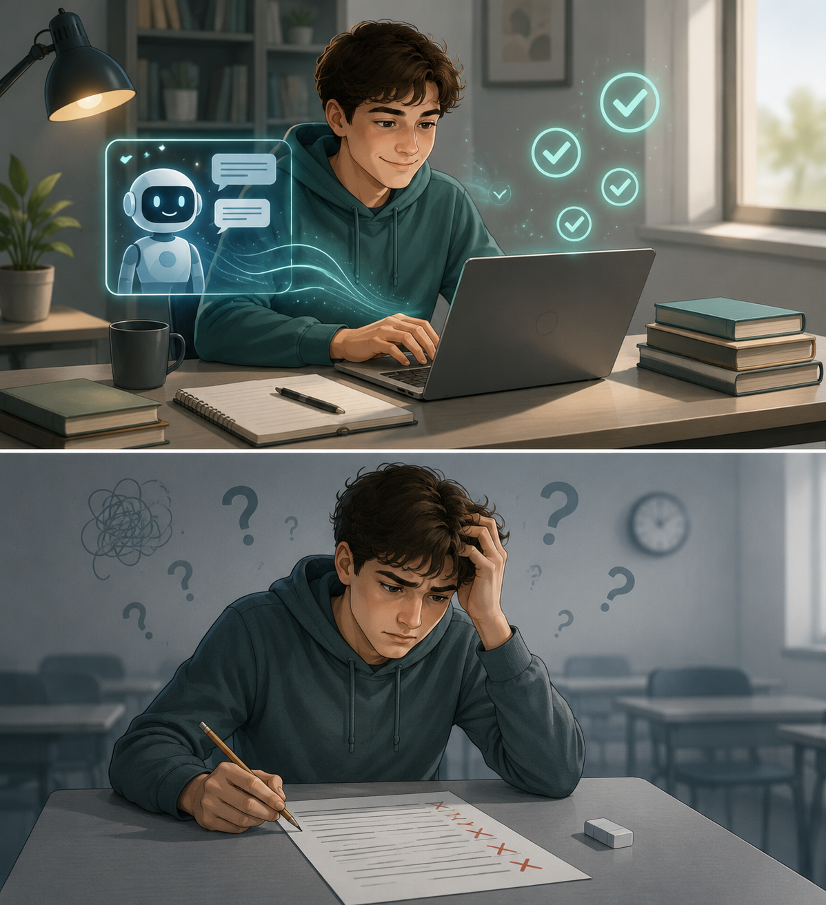 Student performs well with AI-assisted practice but struggles on an unassisted paper exam