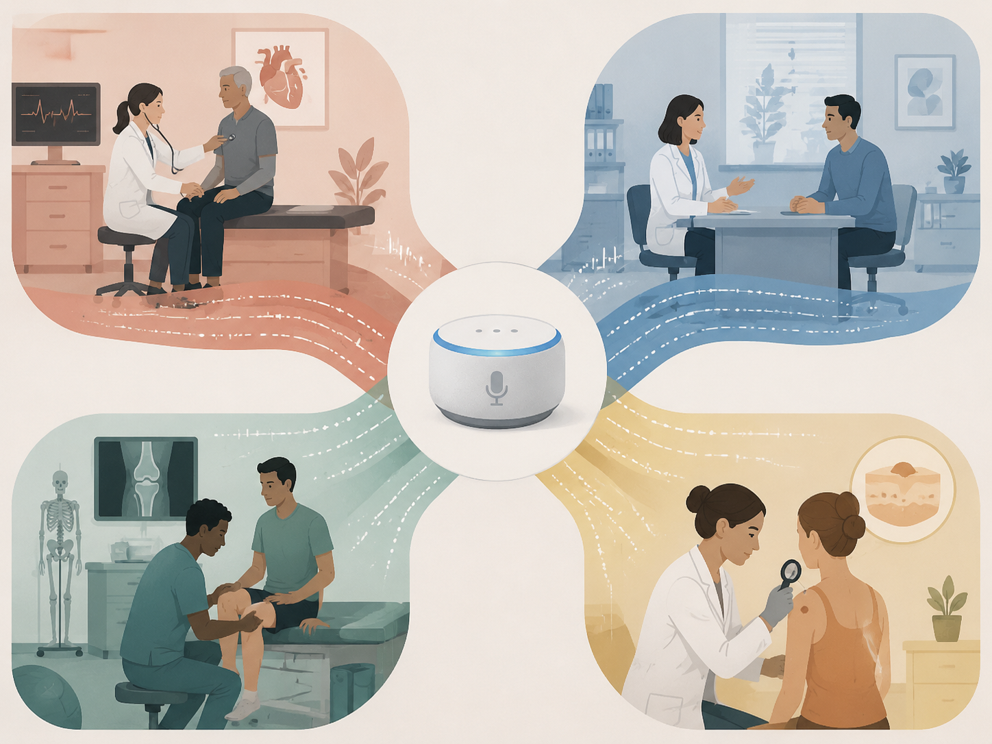 Listening device branching into cardiology, primary care, orthopedics, and dermatology specialty scenes