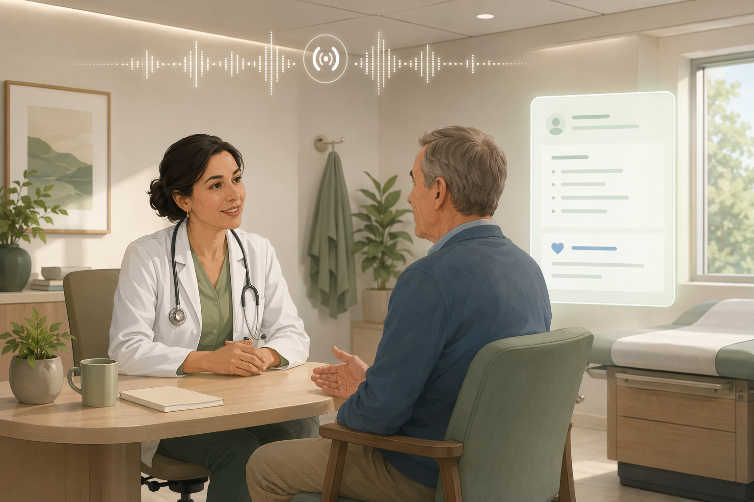 A conceptual editorial illustration of ambient clinical intelligence showing a clinician speaking naturally with a patient in a calm examination room, with subtle audio wave icons near the ceiling and a soft digital summary appearing as a side projection.
