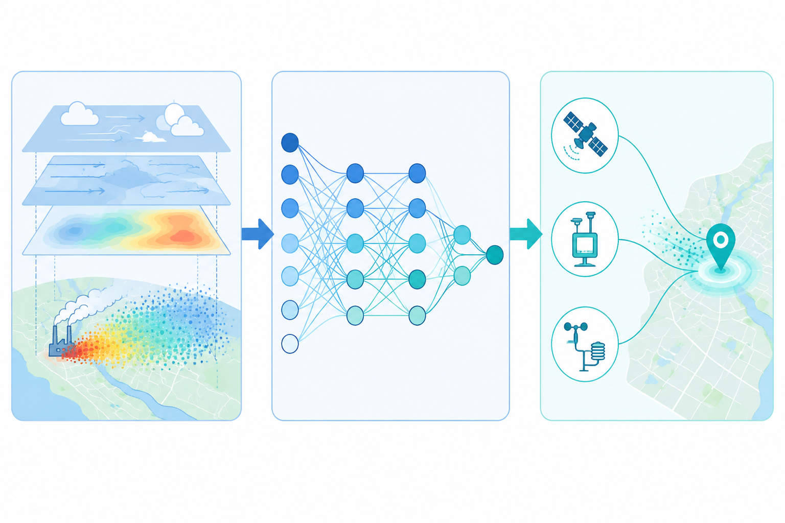 Diagram of chemical transport modeling, neural networks, and sensor data producing a hyperlocal virtual station