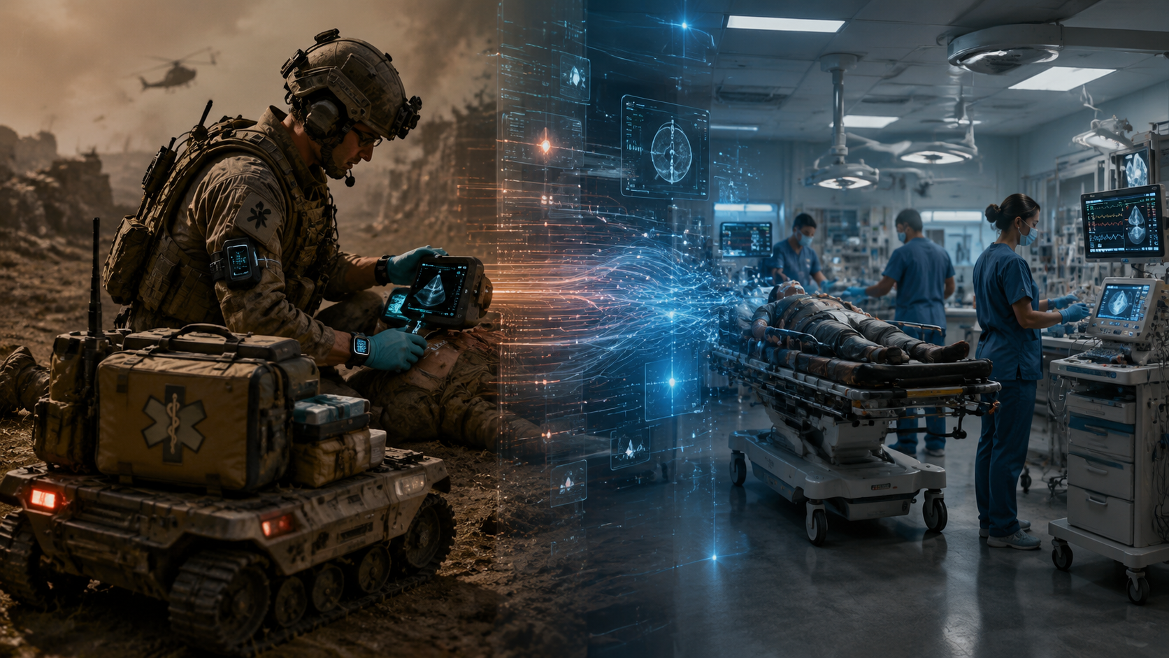 Battlefield medic technology and a civilian trauma bay connected by AI diagnostic data streams