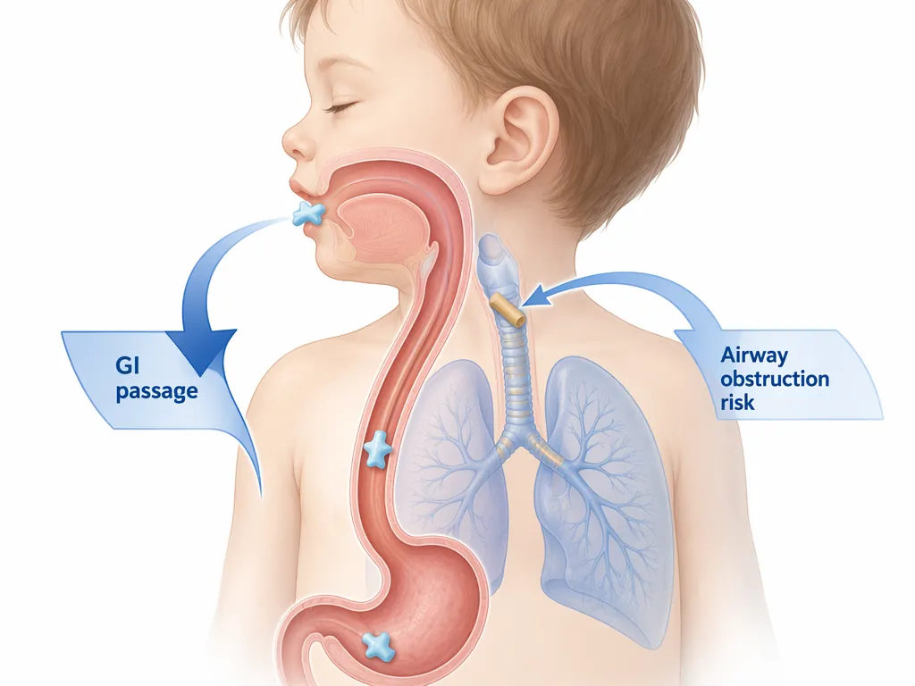 Medical schematic showing GI passage and airway obstruction as separate risk pathways for a child exposed to a plastic fragment