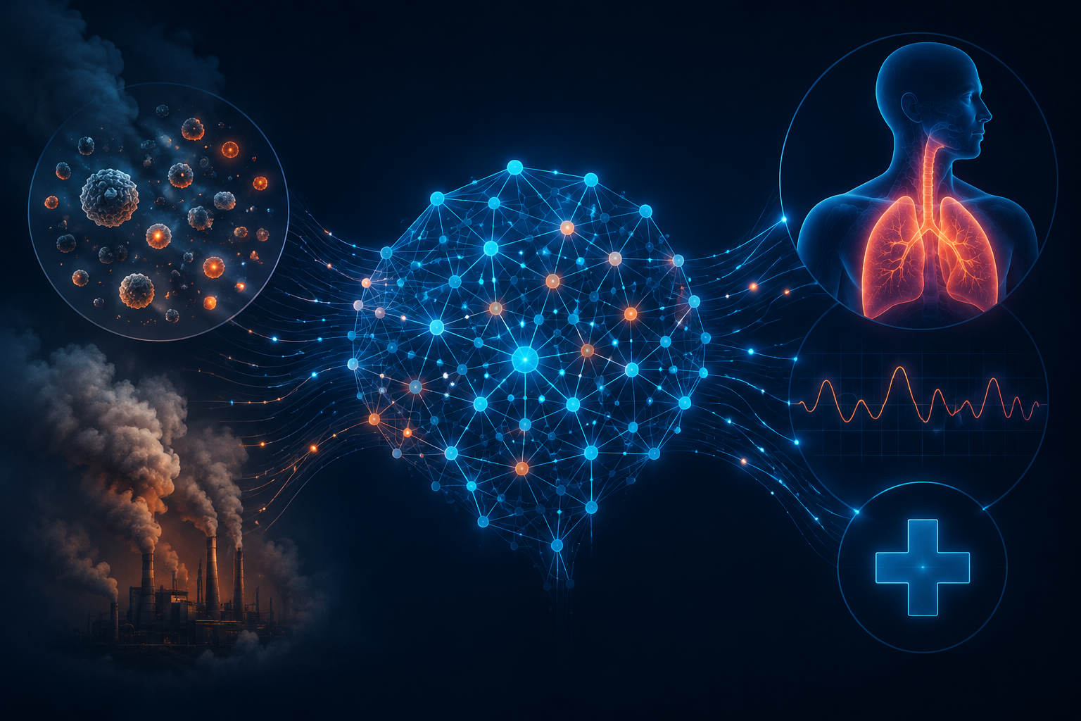 Scientific visualization of PM2.5 particles feeding into an AI model that outputs respiratory and hospital risk indicators