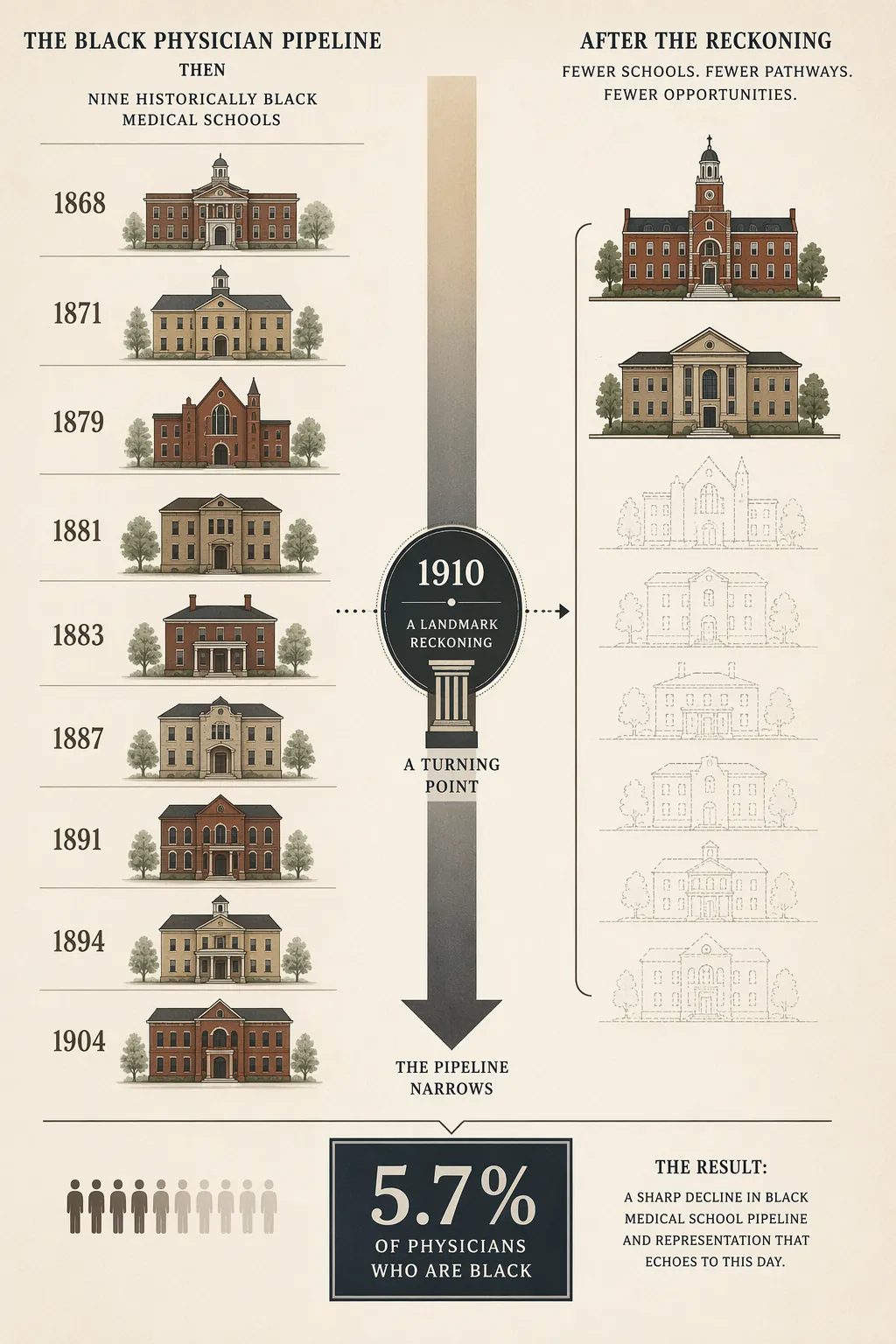 Infographic showing Black medical schools narrowing after the 1910 Flexner Report, with only Howard and Meharry remaining