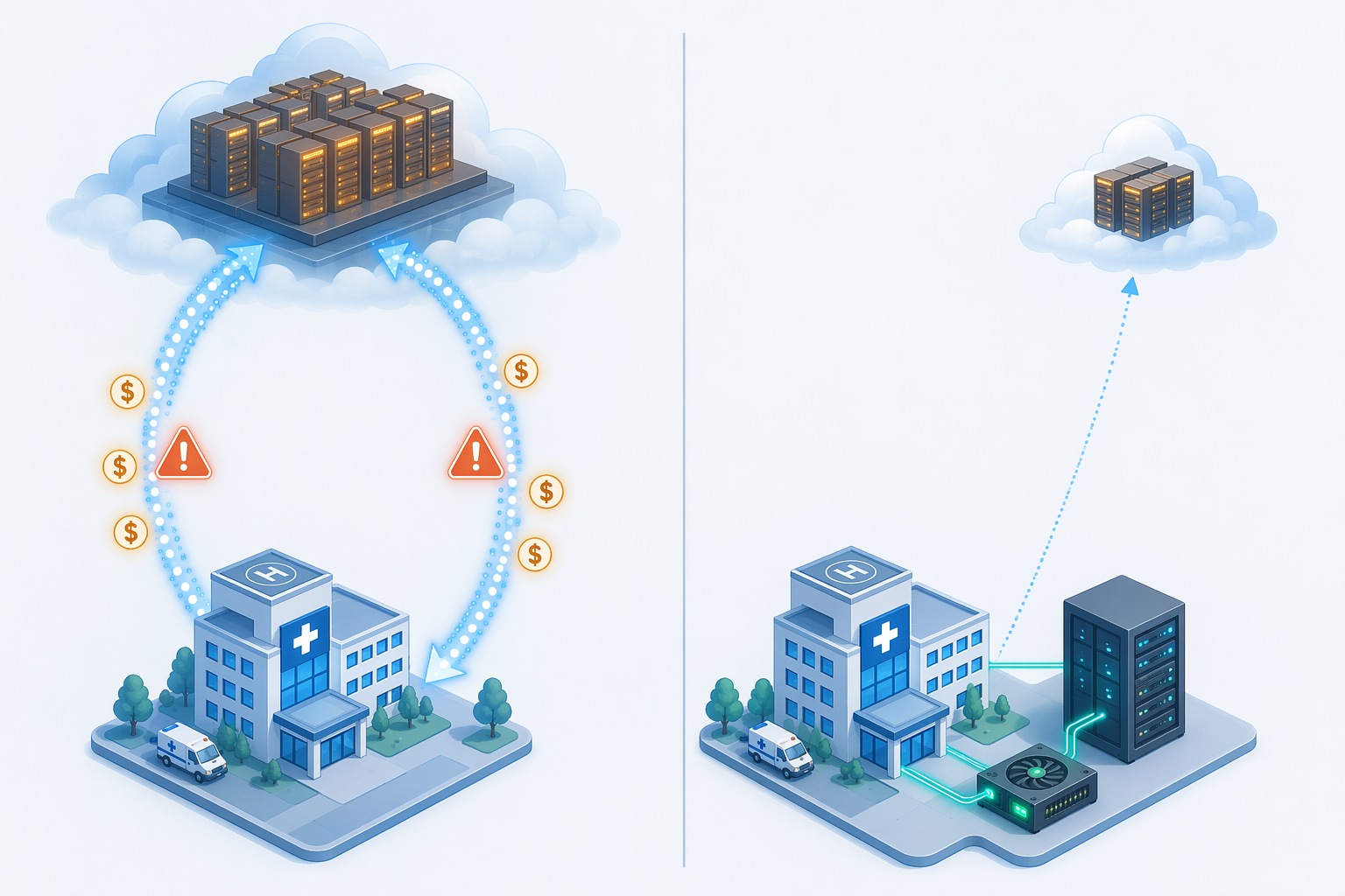 Comparison of cloud-first healthcare AI and hybrid on-premises AI infrastructure