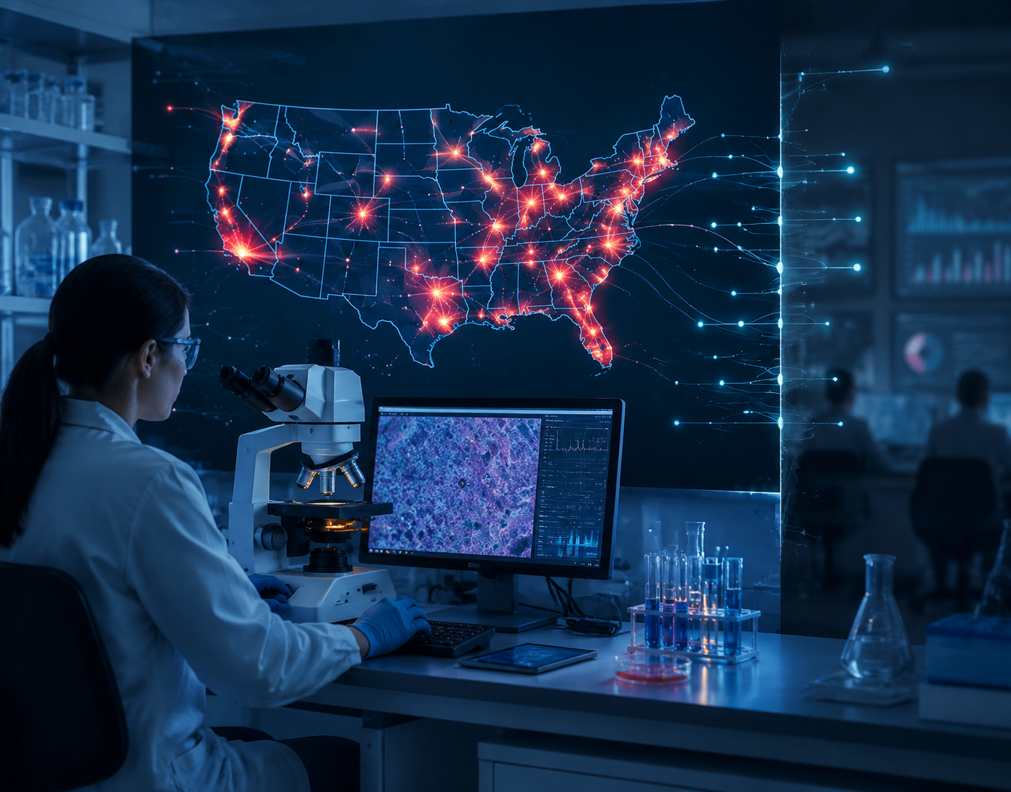 Clinical microbiology workstation with outbreak map and data streams that stop before reaching a public health dashboard