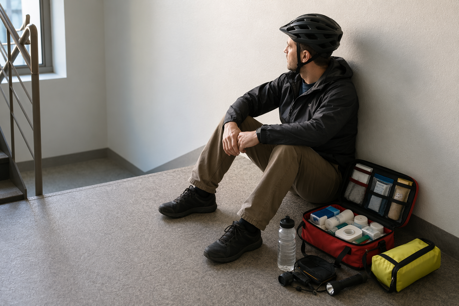 Person wearing a helmet on a high-rise stairwell landing with first-aid and emergency supplies nearby
