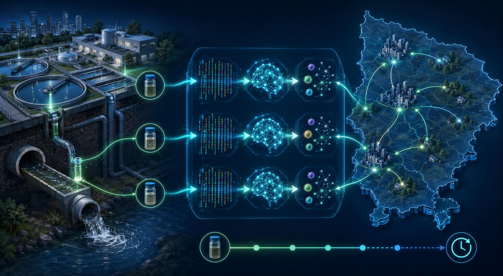Wastewater AI surveillance workflow from sample collection through genomic sequencing and variant detection to transmission mapping