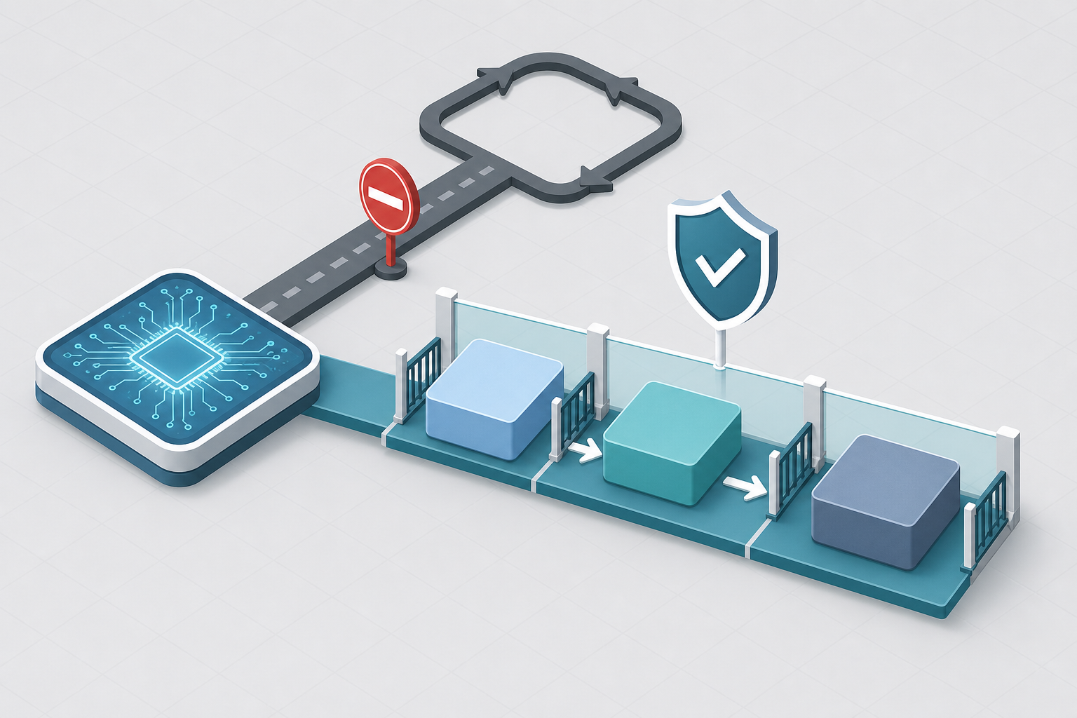 Isometric diagram contrasting repeated traditional regulatory submissions with a pre-authorized, gated AI update pathway leading through three sequential PCCP components to a regulatory approval shield.