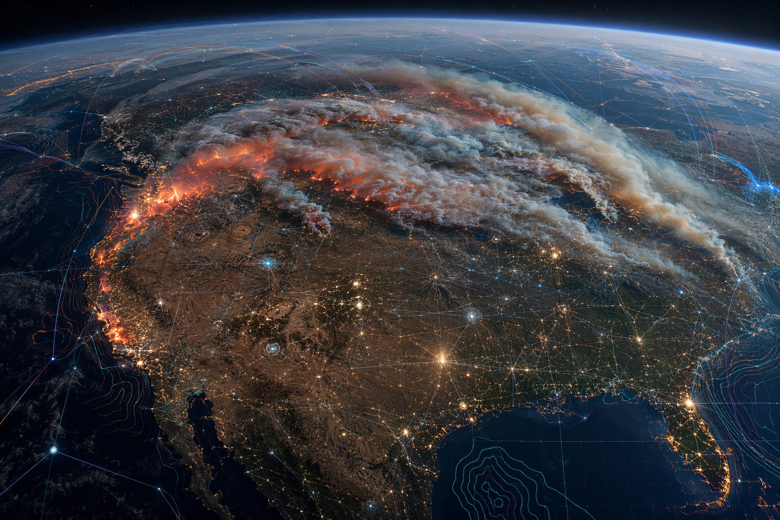 Wildfire smoke plumes over a North American landscape with data grids and AI modeling overlays