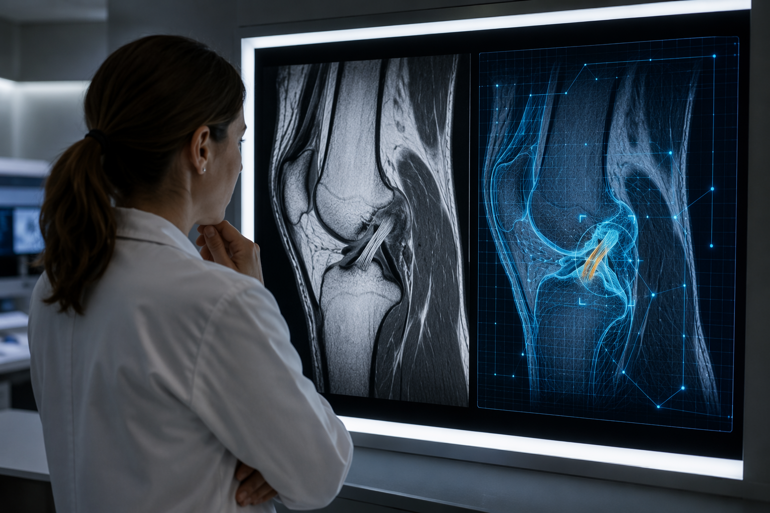 Clinician reviewing a knee MRI with AI analysis markers highlighting the ligament region