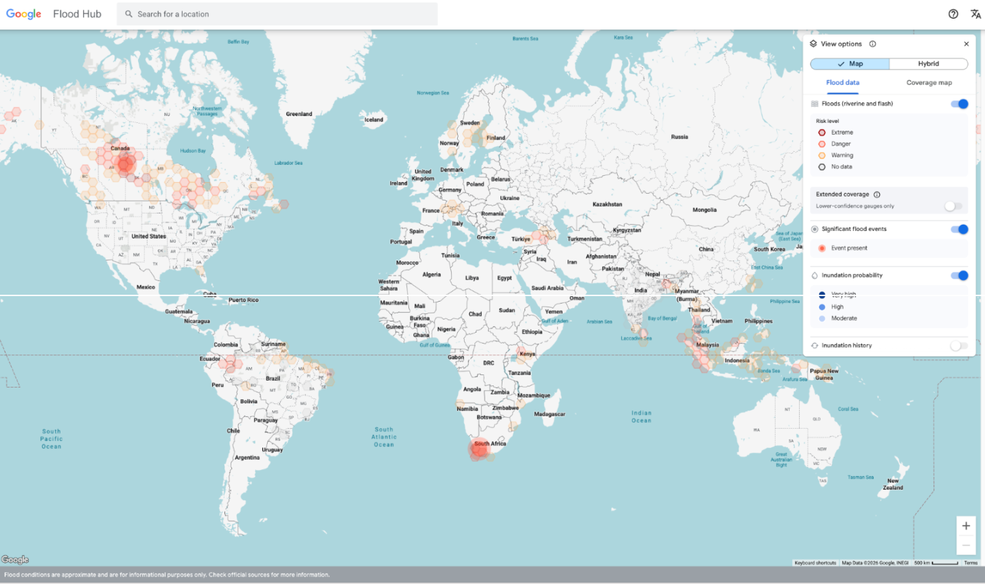 Google Flood Hub global flood forecasting map with river gauge markers and blue flood risk overlays