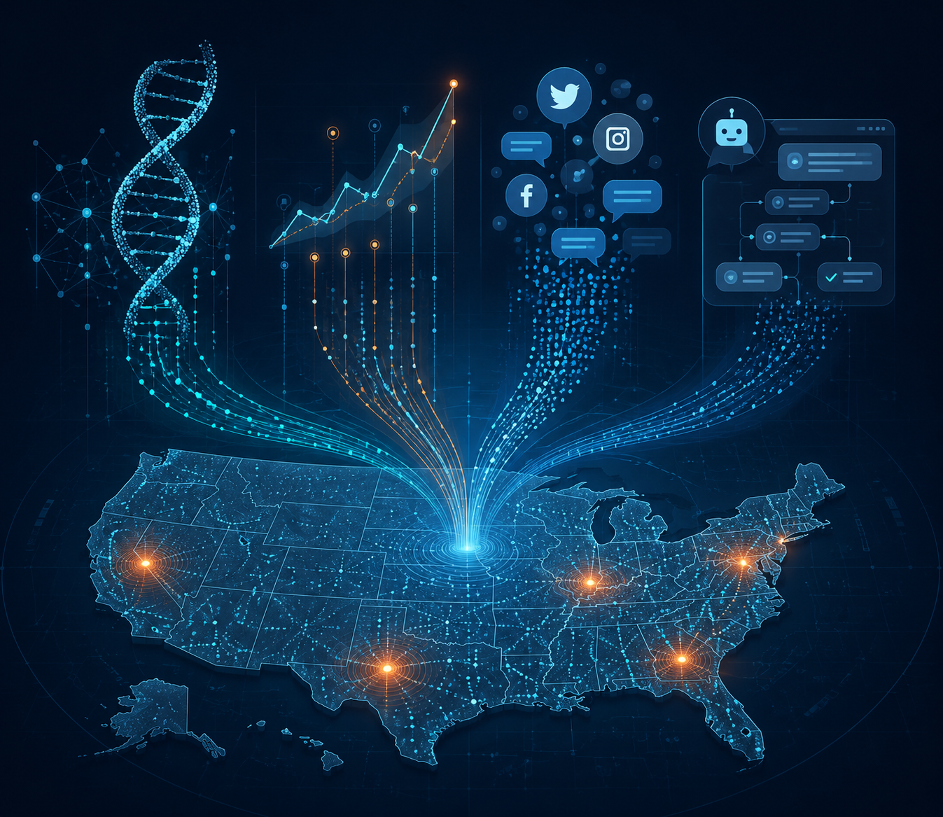 Stylized U.S. outbreak surveillance map with genomic, predictive modeling, social media, and chat-based AI elements