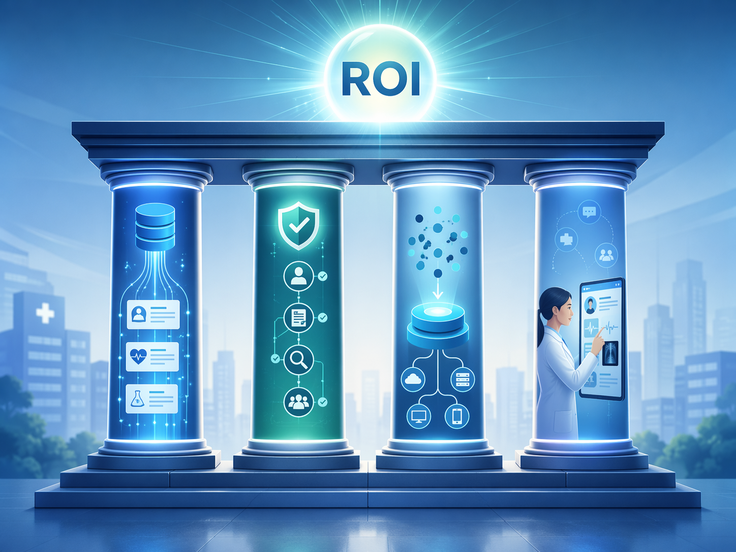Four healthcare AI implementation pillars showing data readiness, governance, platform consolidation, and clinician-centered design supporting ROI