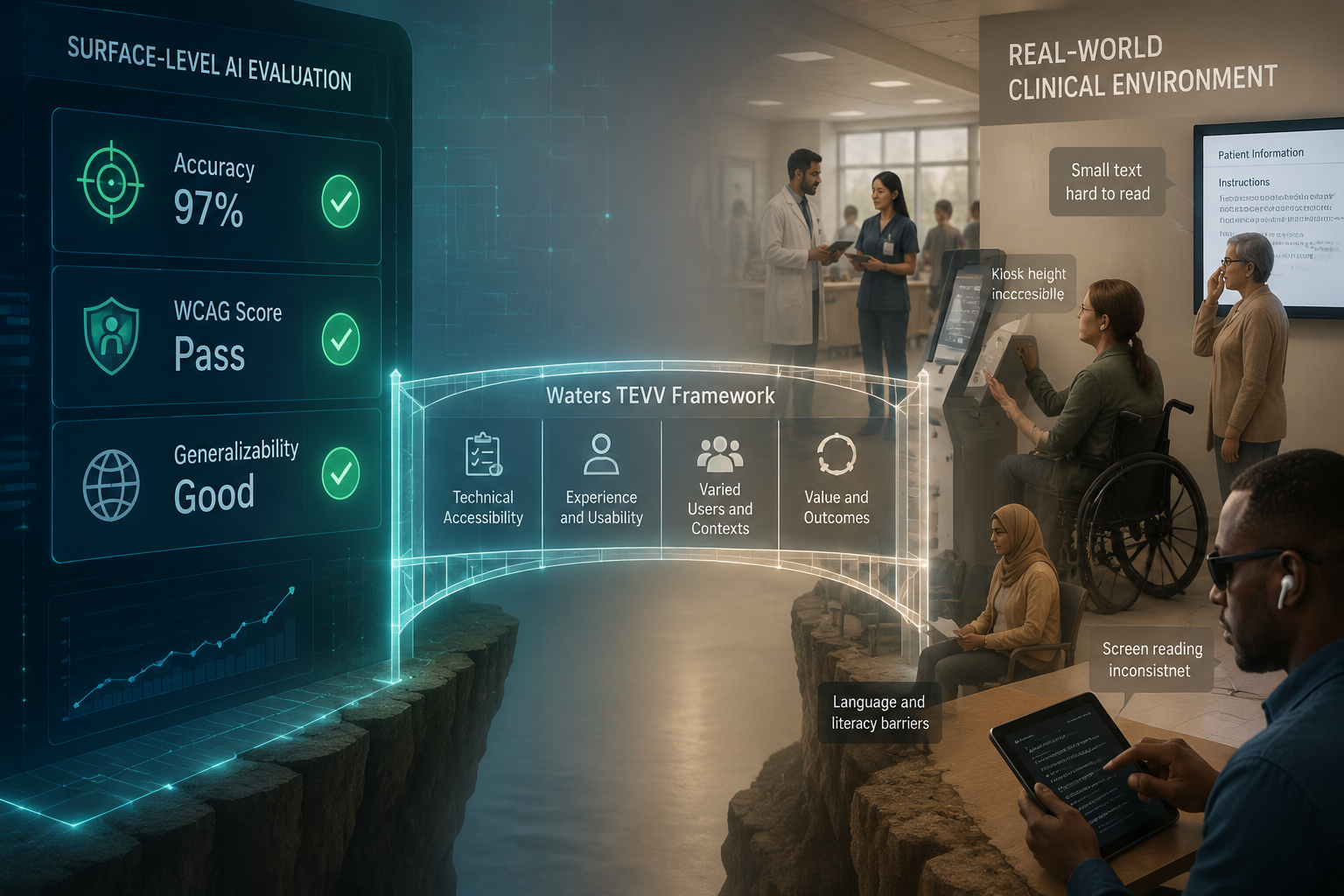 Split clinical dashboard and real-world accessibility scene with a bridge-like framework between them