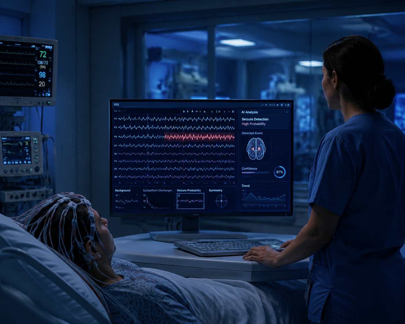 Neurocritical care patient connected to EEG sensors at night with a clinician viewing AI-assisted waveform highlights on a central monitor