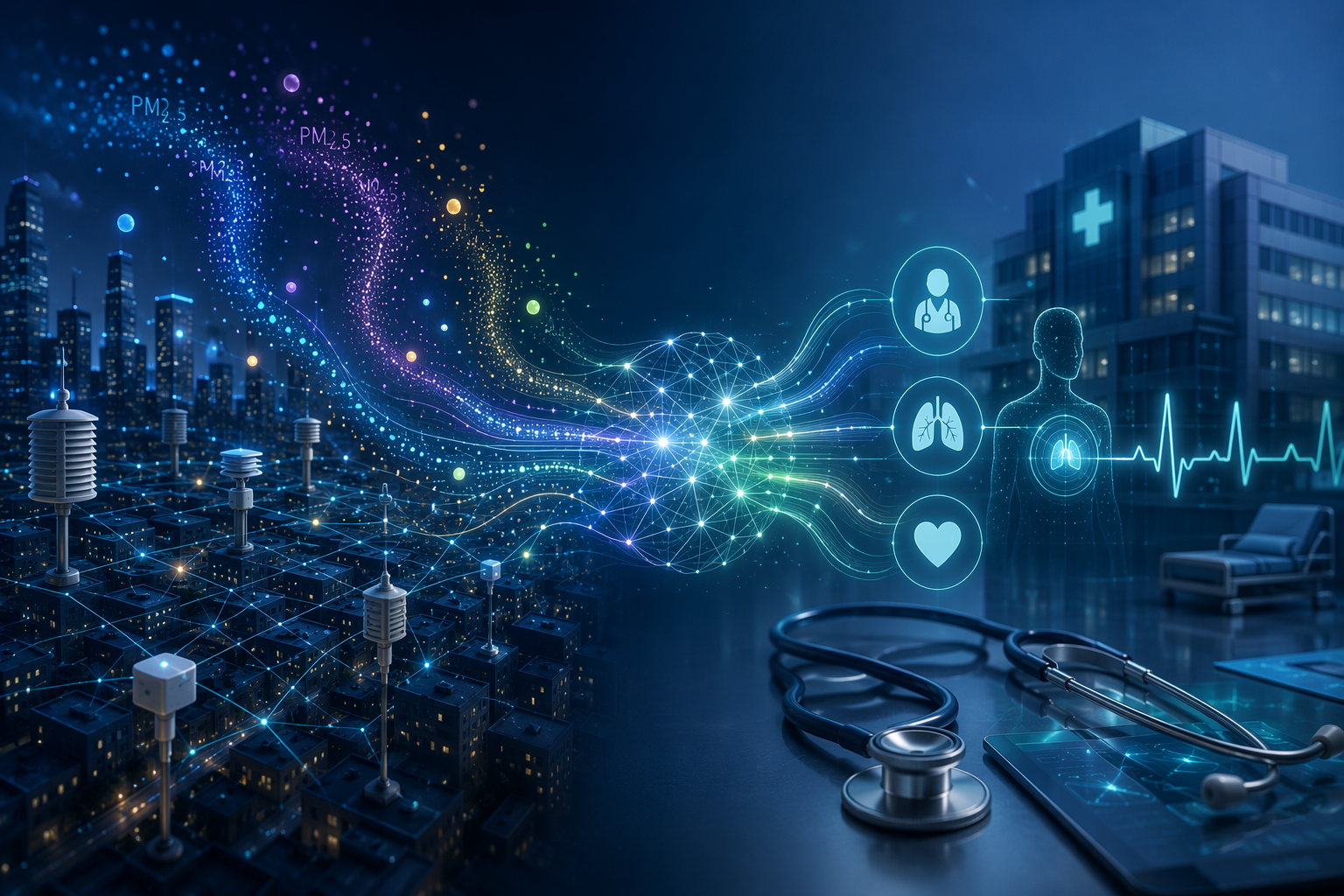 Glowing air quality sensor data connected to clinical health icons on a dark background