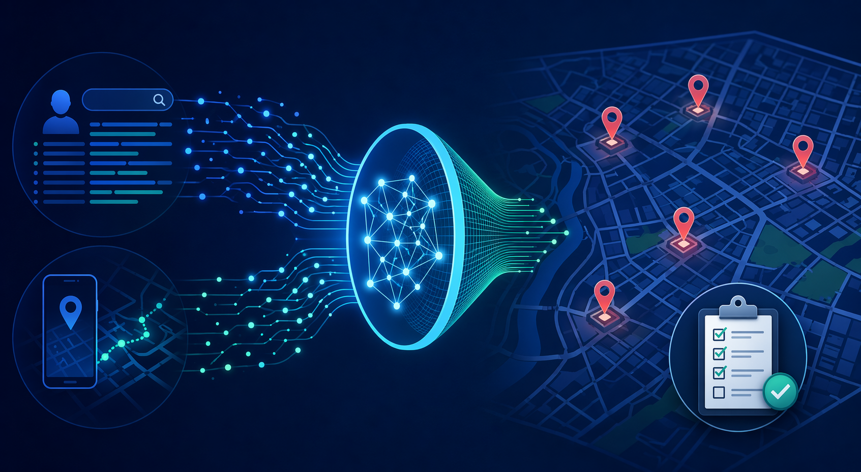 Conceptual diagram of the FINDER workflow from search and location data through an ML model to flagged restaurants for inspection