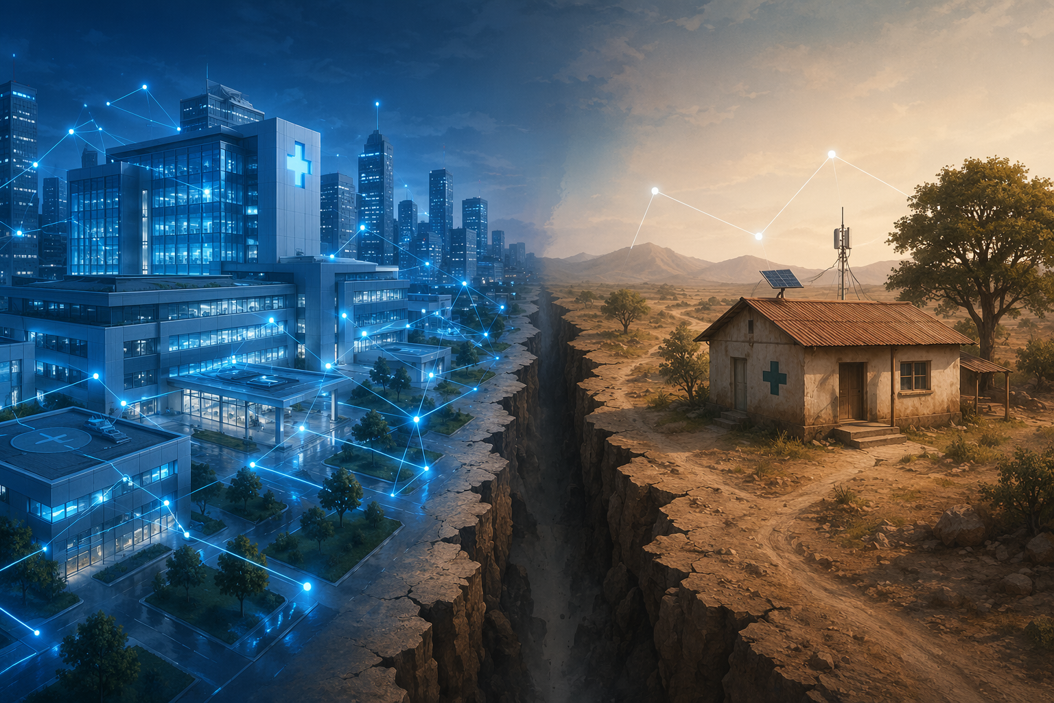Contrast between a digitally connected urban hospital and a modest rural clinic with sparse connectivity