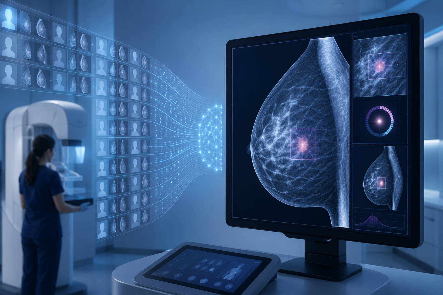 AI-assisted mammography screening with highlighted regions on a diagnostic monitor