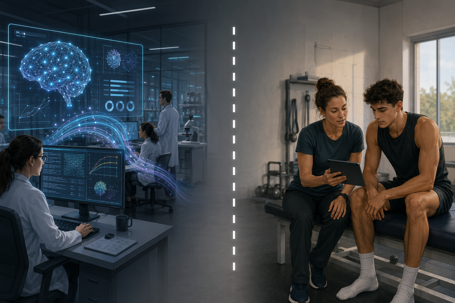 Research laboratory AI metrics separated by a dashed gap from a real-world clinic where an athletic trainer and athlete review information