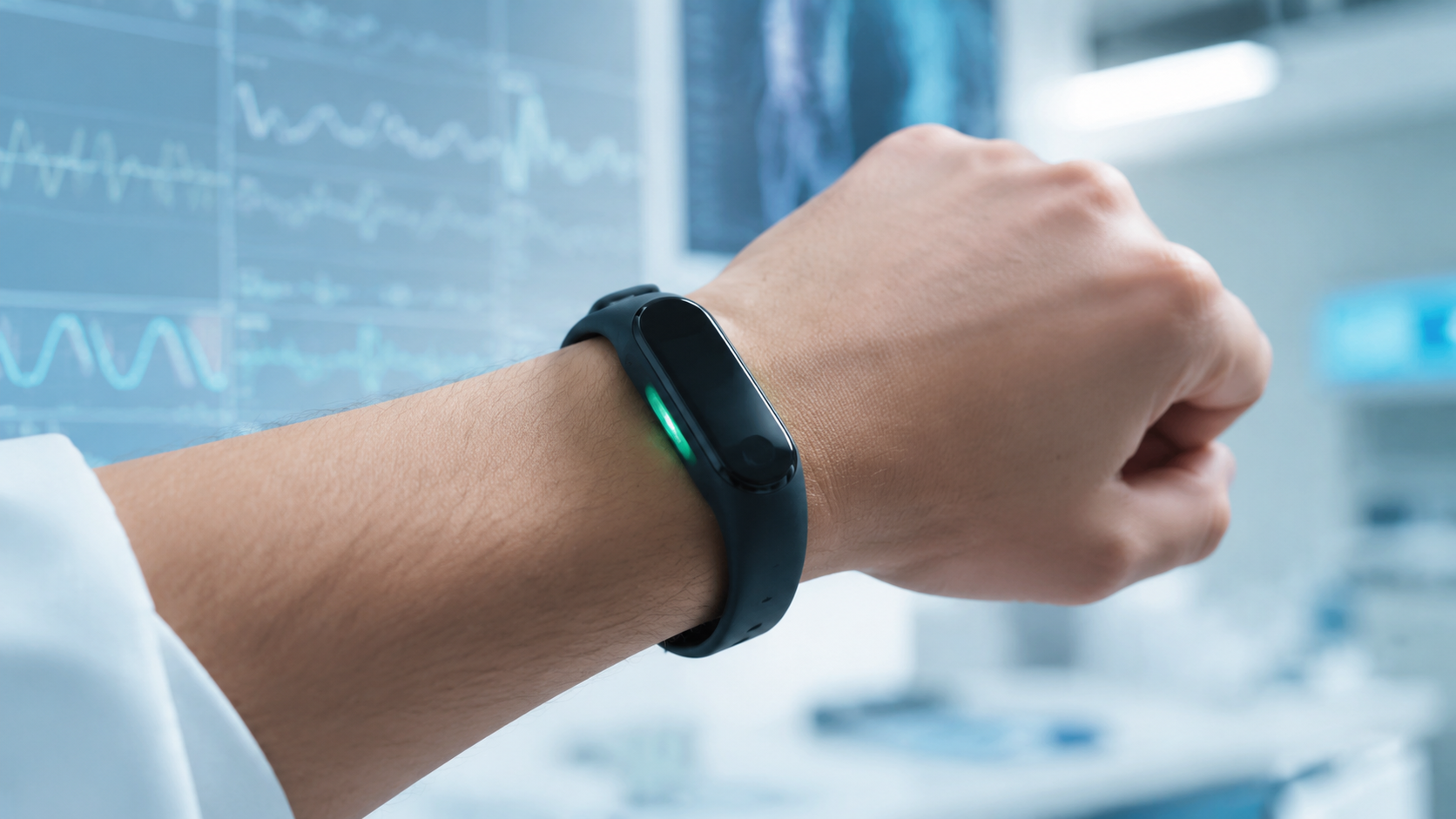 A close-up of a wrist wearing a smart band in a clinical setting with monitors in the background