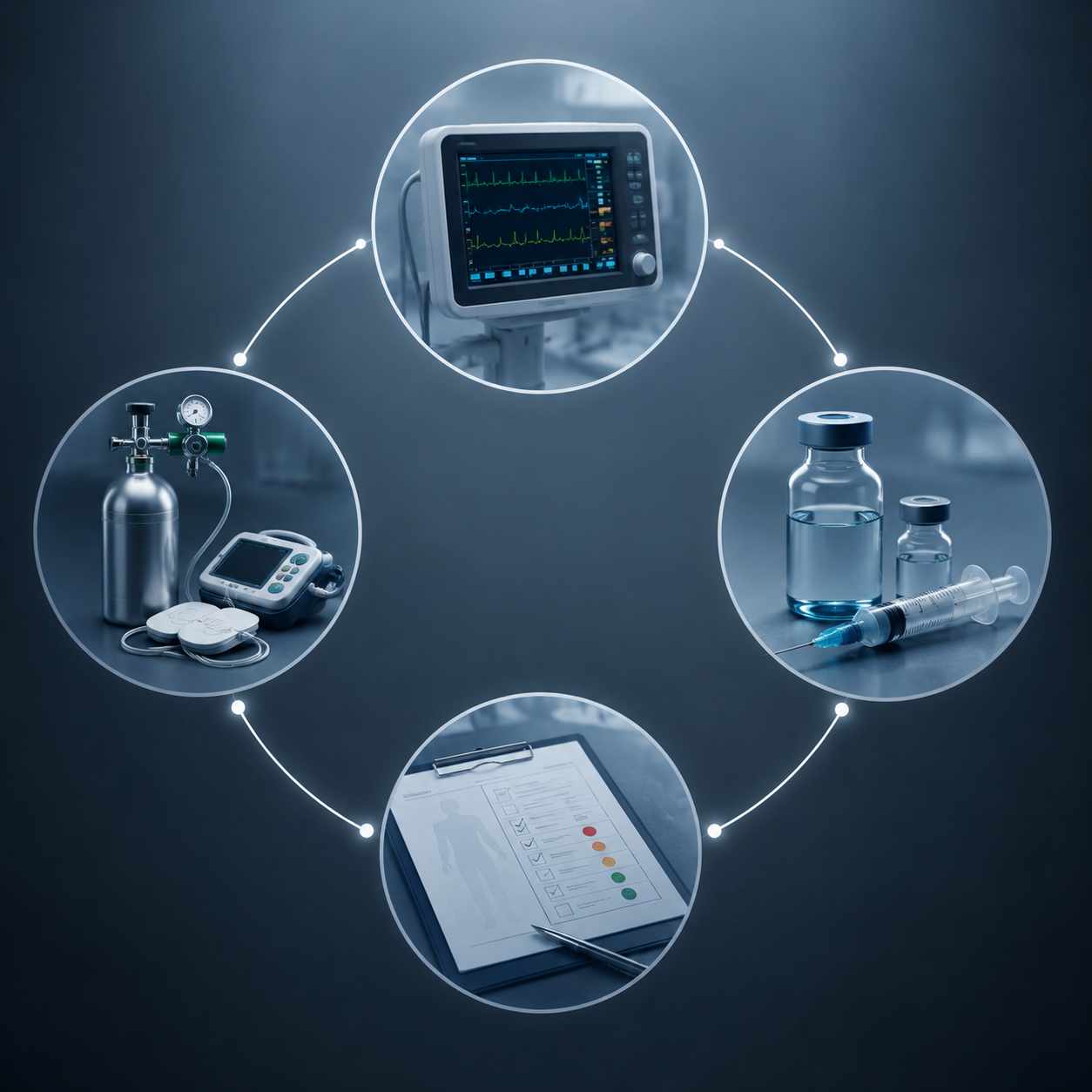 Conceptual illustration of four connected sedation safety elements: monitoring, medication, patient risk assessment, and emergency equipment