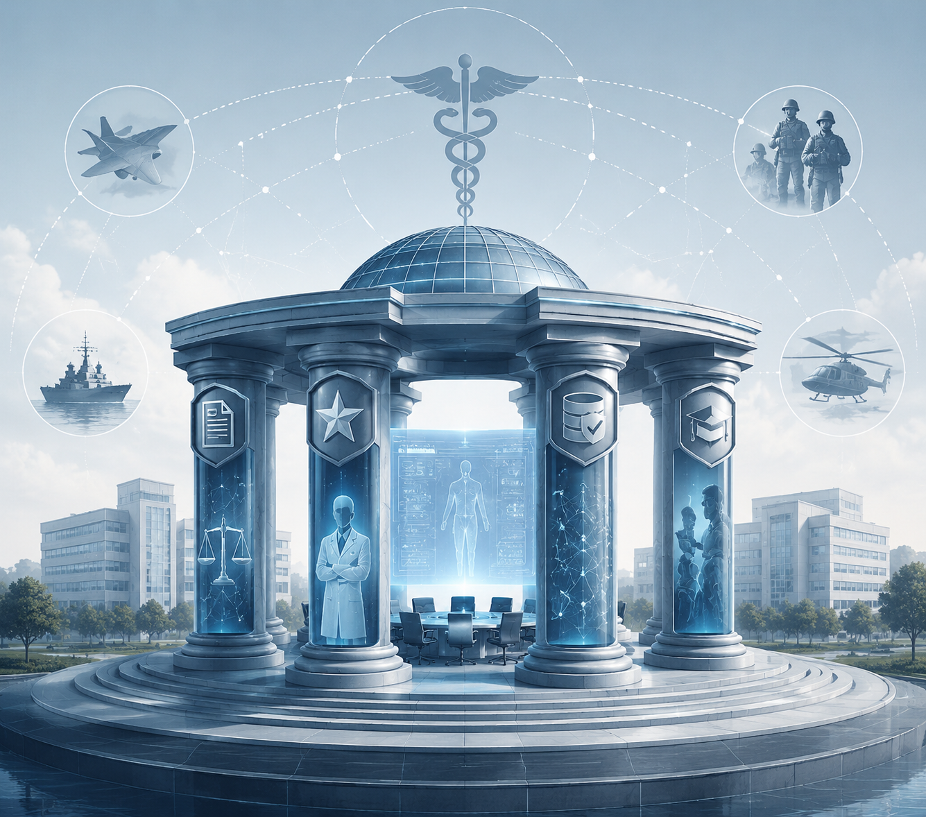 Central oversight structure with four connected pillars coordinating AI governance across military healthcare service branches