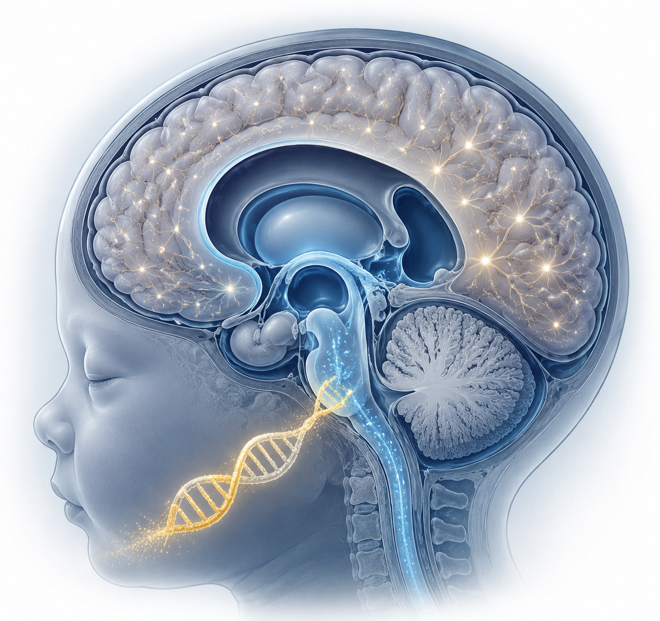 Infant brain cross-section with an antisense oligonucleotide strand entering cerebrospinal fluid pathways and subtly enlarged ventricles