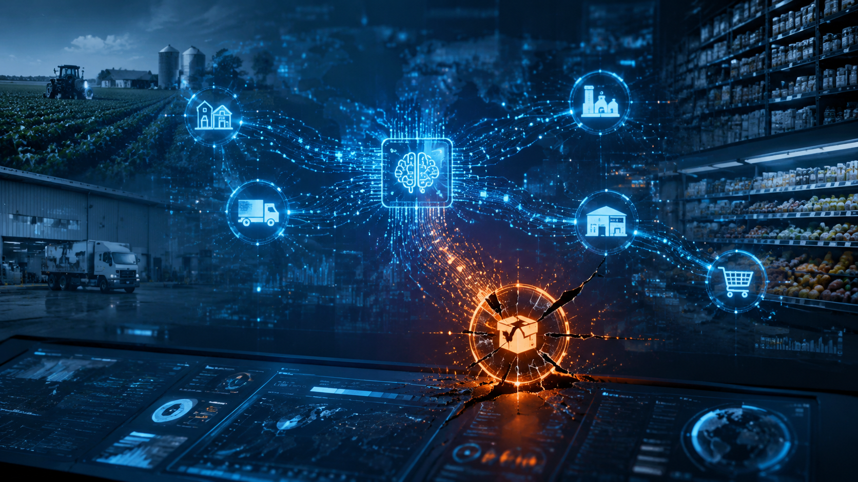 Digital command center with AI data streams over farms, warehouses, and grocery shelves, with one cracked data node suggesting a recall detection gap