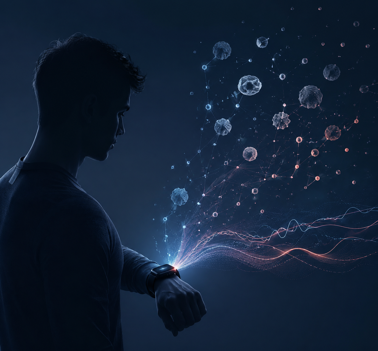Person wearing a smartwatch with pulse waveforms, pollution particles, and neural network lines representing personalized pollution health response prediction