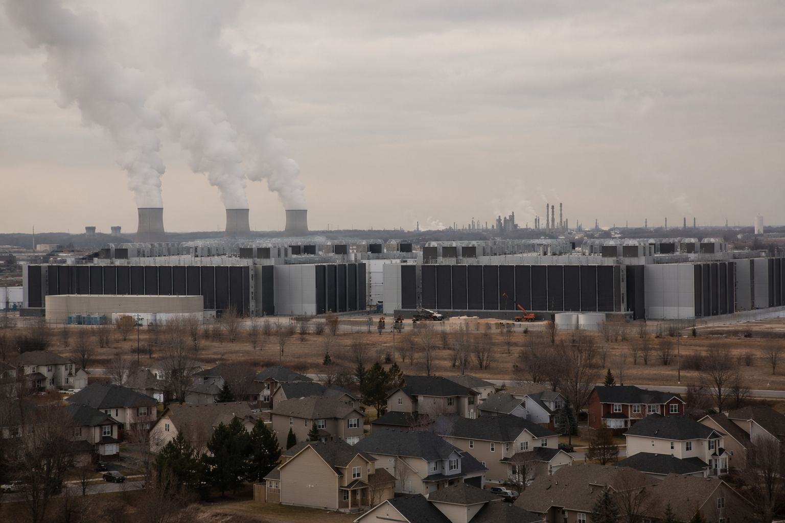 Large data center with cooling towers near a residential neighborhood under a hazy sky