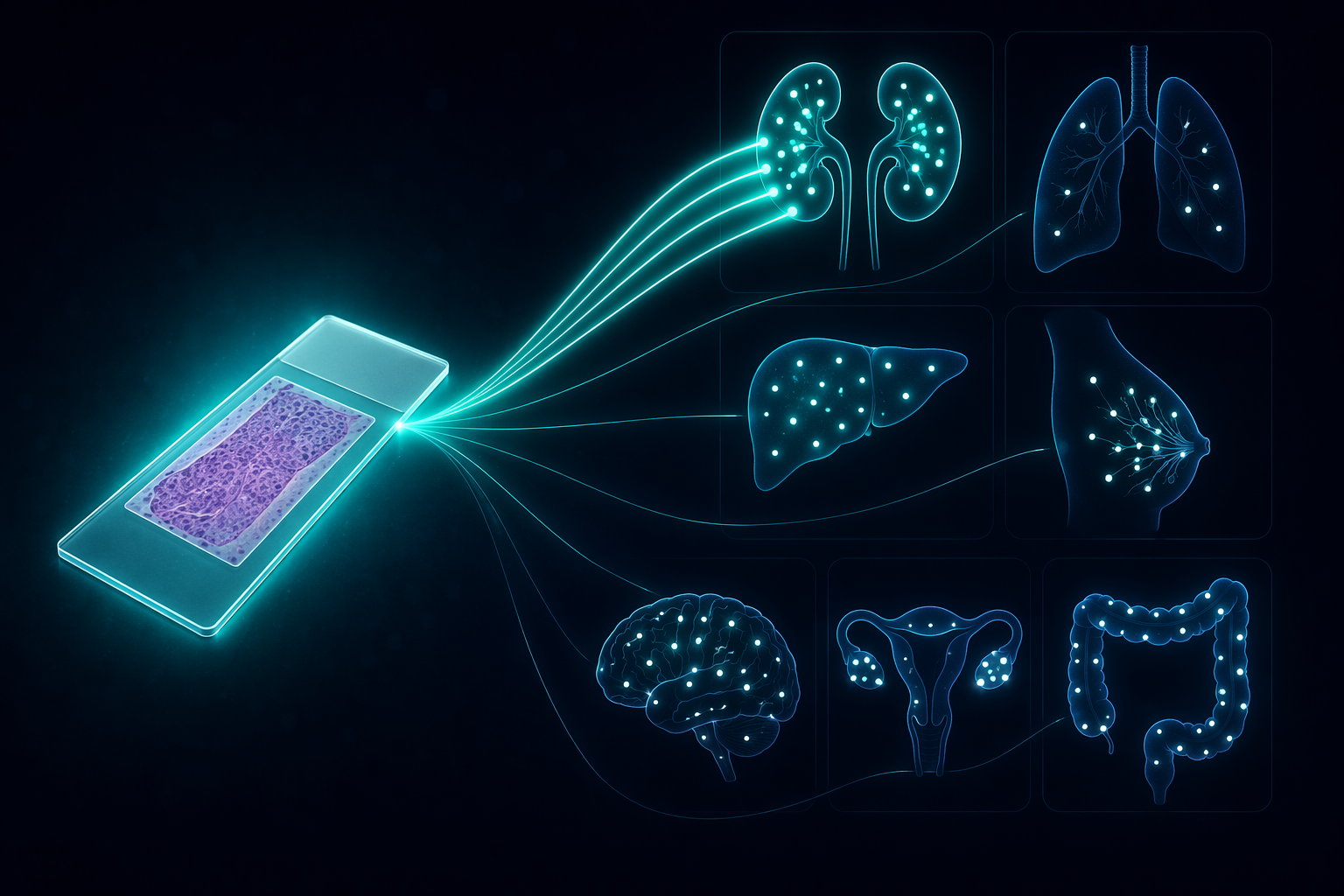 Rare cancer retrieval system showing a pathology slide query connected to organ silhouettes with variable retrieval strength