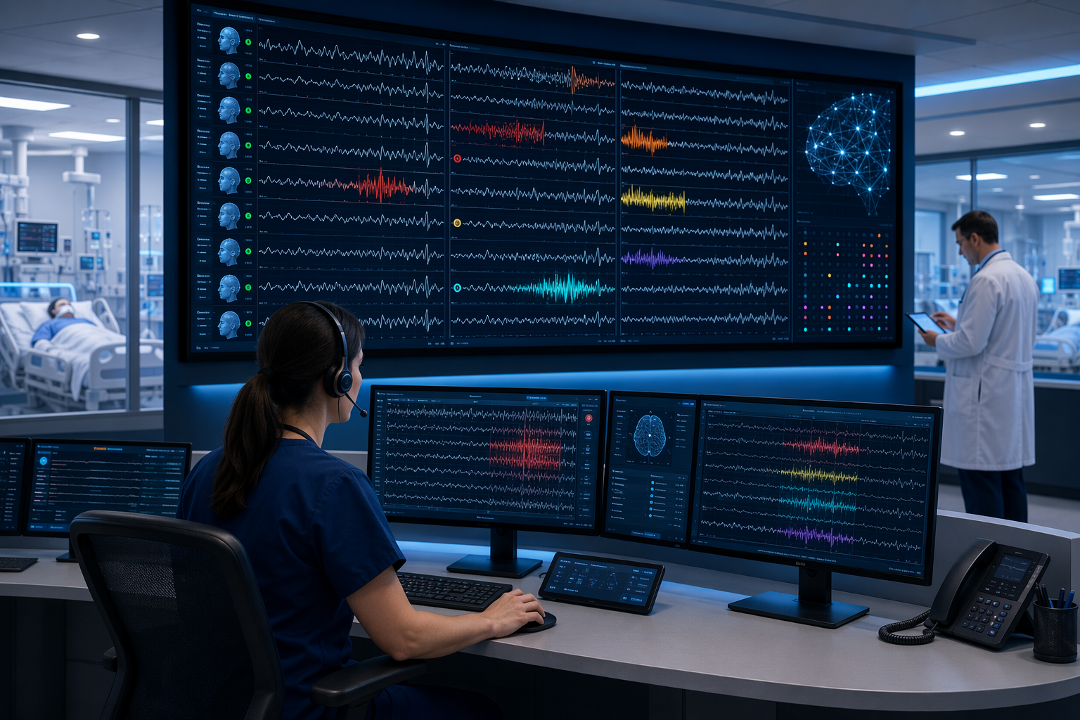 Centralized EEG monitoring hub with multiple patient waveforms, AI-generated alerts, a technologist reviewing flagged seizure events, and a physician checking a final read