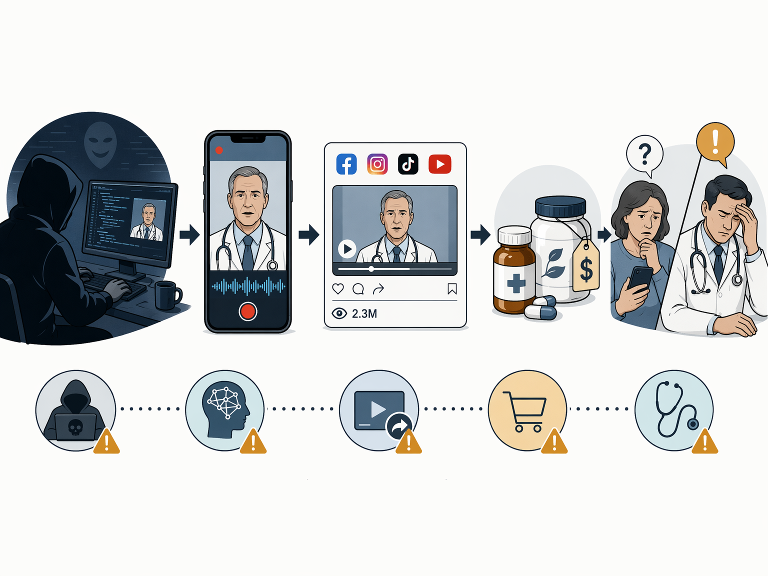 A flowchart showing a scammer creating a synthetic physician video, distributing it on social media, selling supplements, and confusing a patient and doctor