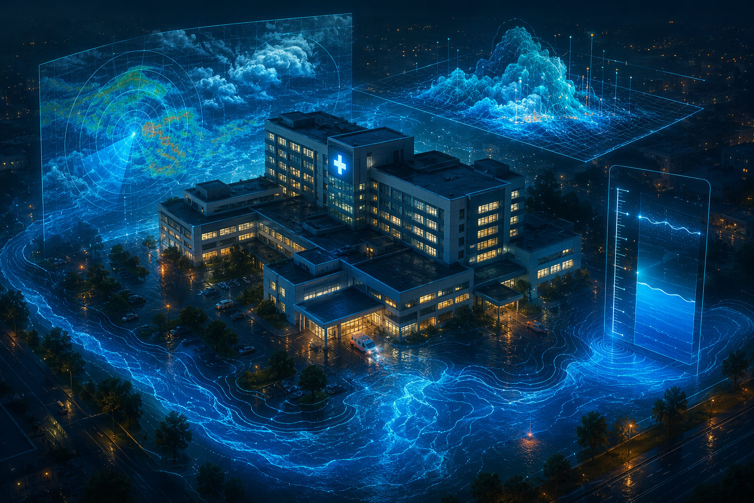 Hospital campus at night with AI flood forecast overlays