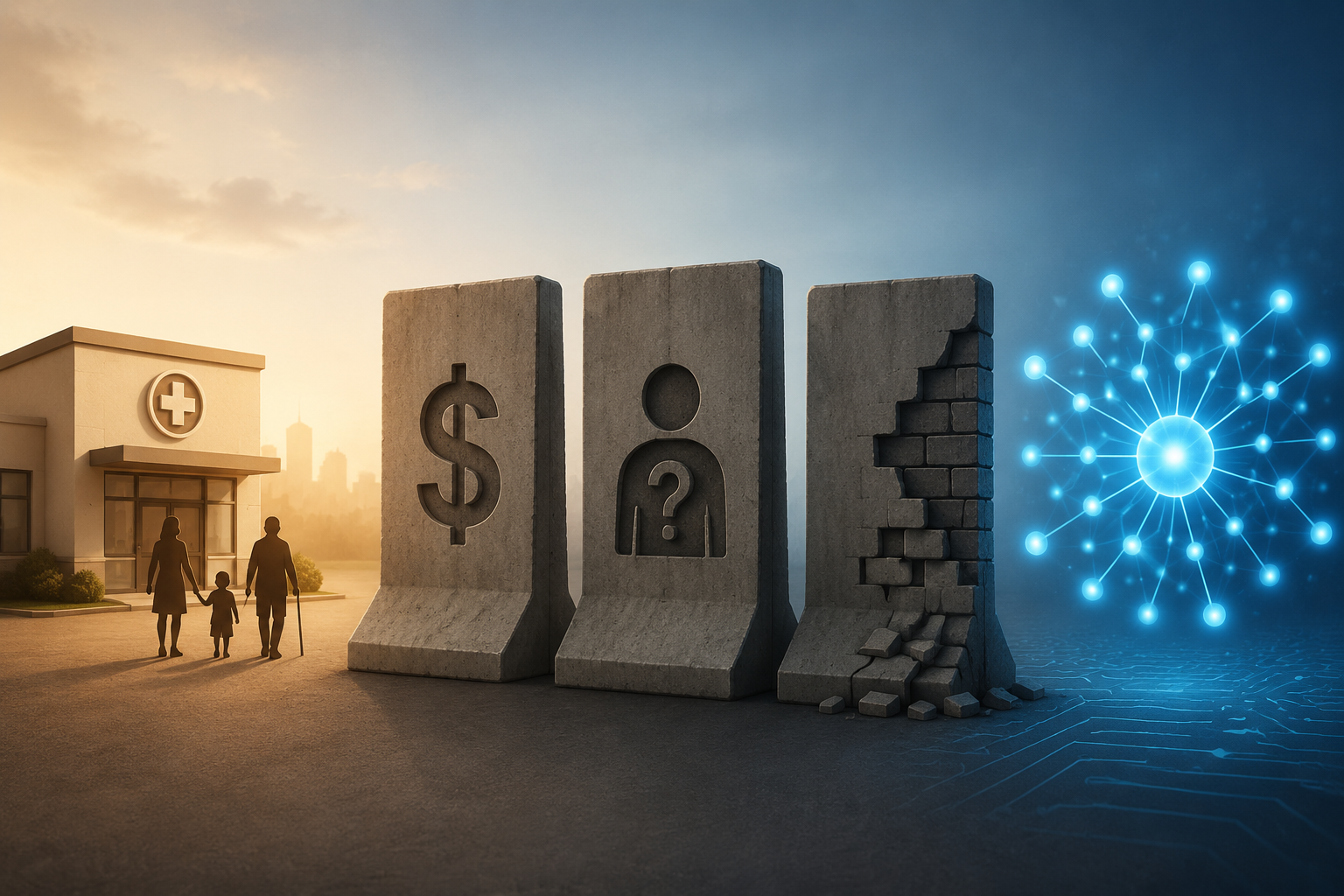 Clinic and AI node separated by pricing, staffing, and infrastructure barriers