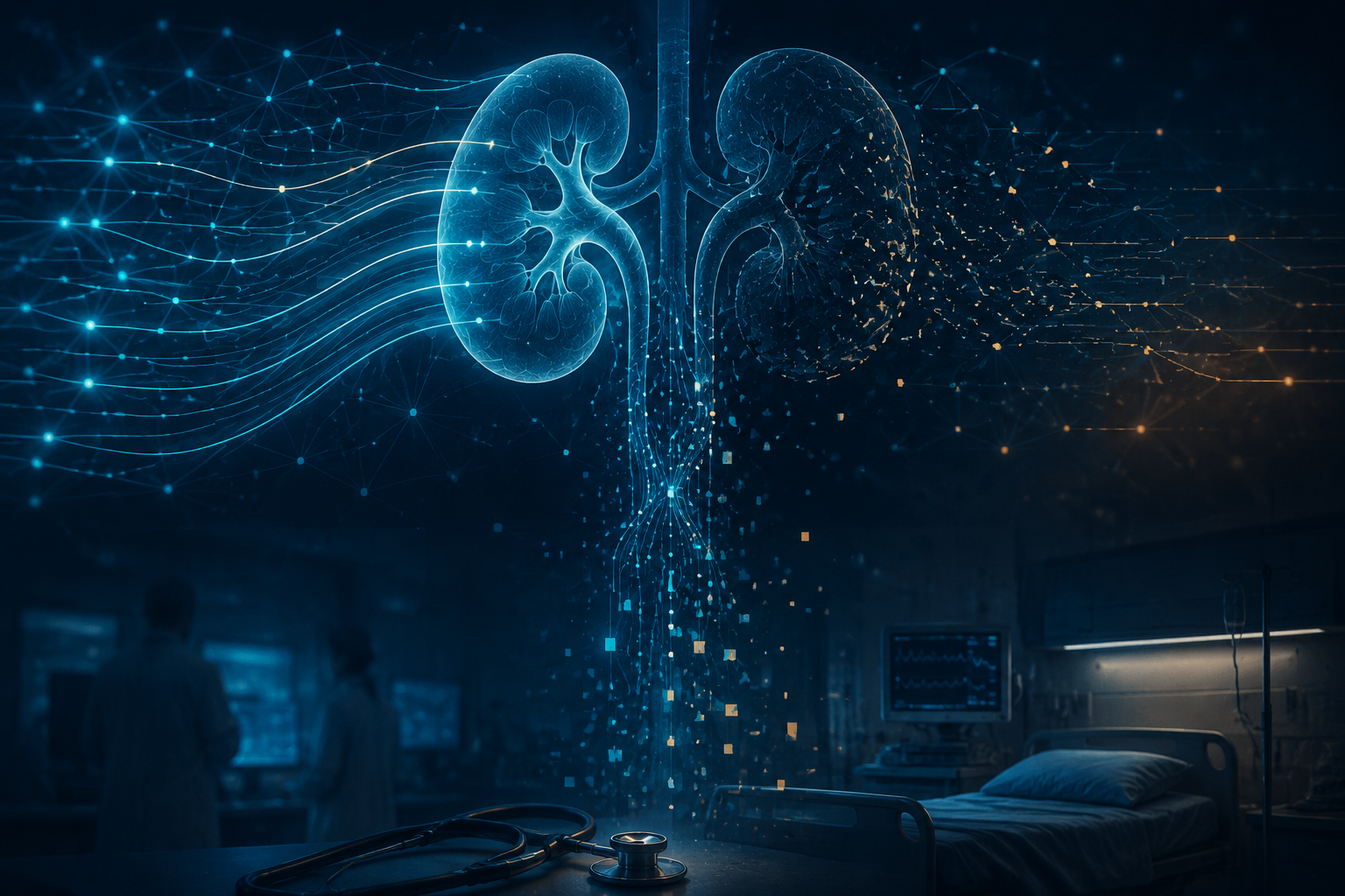 Digital kidney illustration showing predictive AI curves breaking apart before reaching clinical care