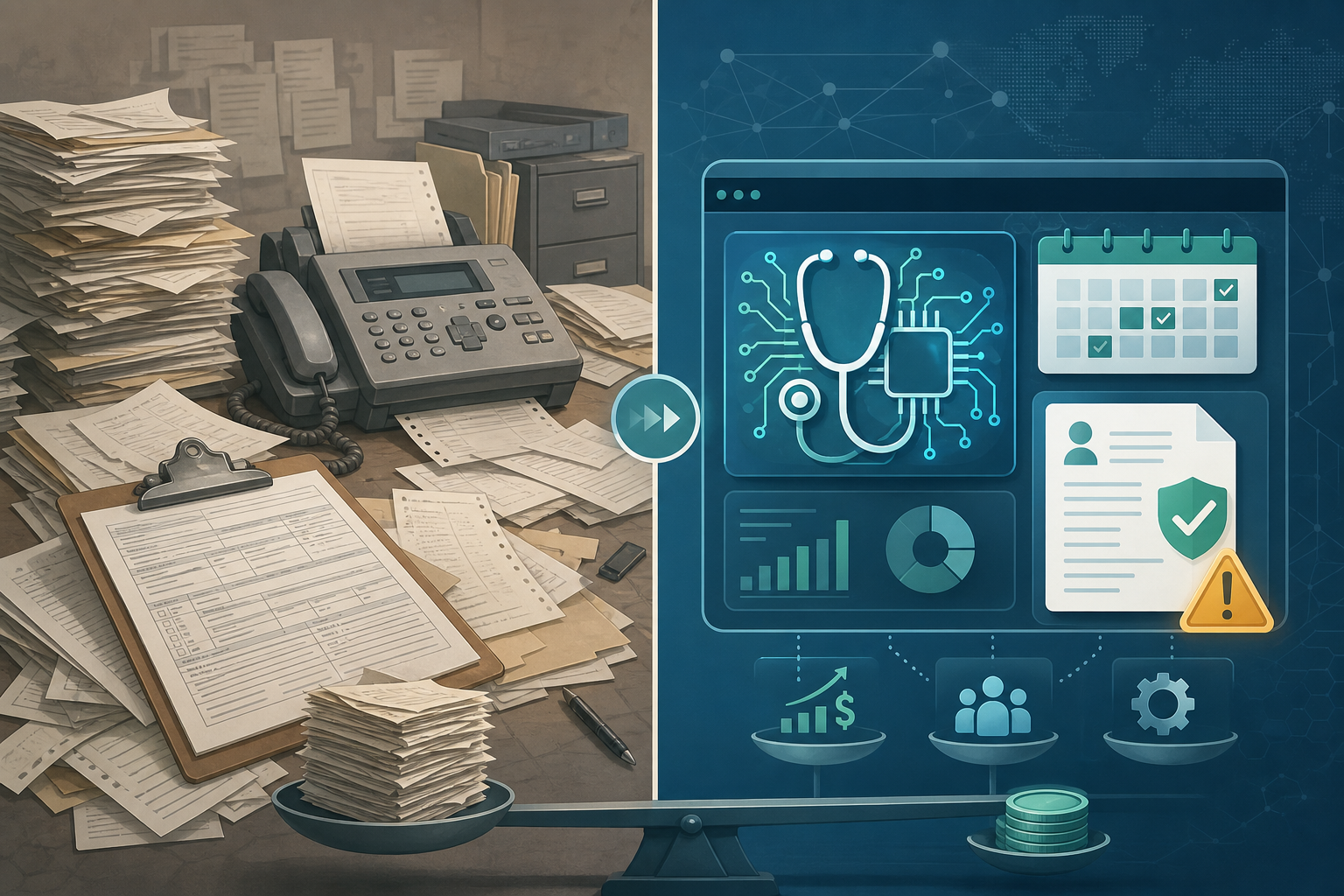 Split composition illustration showing chaotic paperwork on the left and a clean digital AI interface with a warning triangle on the right.
