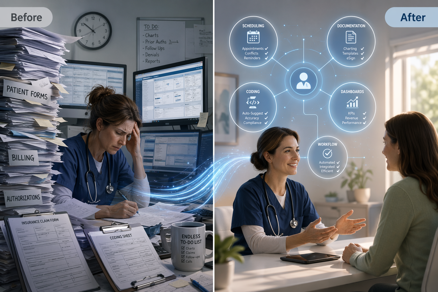 Split-screen editorial illustration showing a stressed clinician buried in paperwork on the left labeled 'Before', and the same clinician calmly sitting face-to-face with a patient on the right labeled 'After' with subtle glowing AI interface elements in the background.