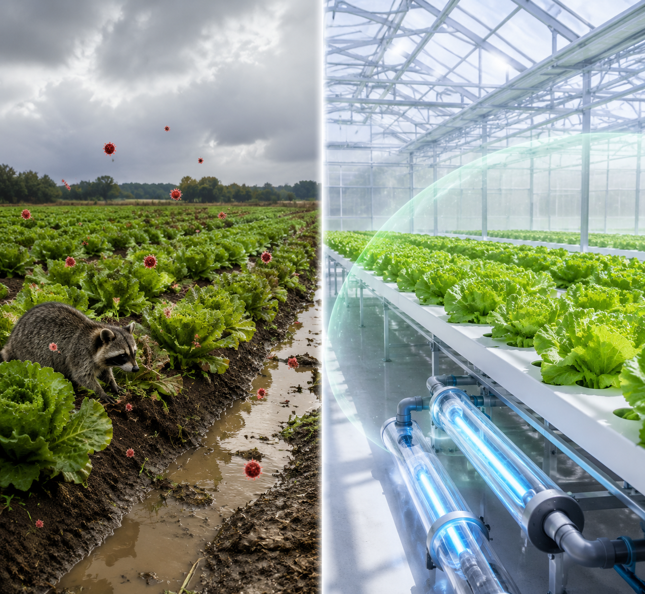 Split illustration comparing field-grown lettuce and a greenhouse system.